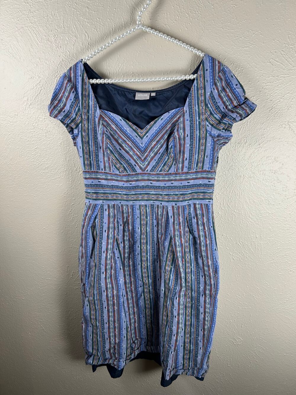 eShakti Dress Size Large Knee Length Retro Muted Colors Cotton Preppy Pockets